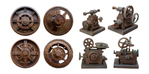 Vintage Mechanical Gears and Engines Collection, PNG collection, set bundle, isolate on transparent or white background