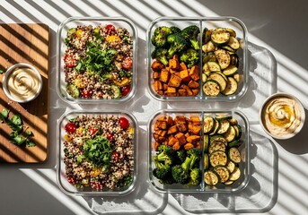 Overhead shot of vegan meal prep containers with quinoa and roasted vegetables under sunlight, minimal shadows and clean tone