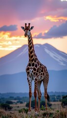 Obraz premium Majestic giraffe stands tall against the iconic backdrop of Mount Kilimanjaro at sunrise, wildlife, national park