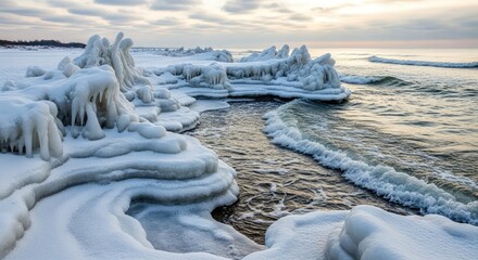 Stunning frozen ice formations sculpt the winter coastline as gentle waves lap against the dramatic icy shore under a soft pastel sky