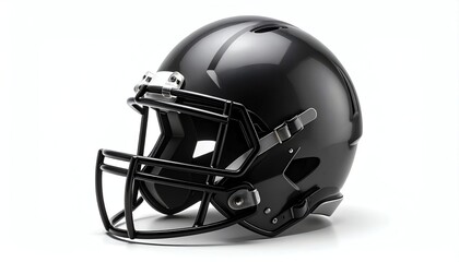 Fototapeta premium Black matte american football helmet sits isolated on white background, showcasing sleek modern design and sturdy protective faceguard detail.