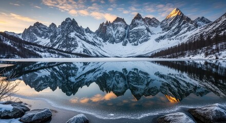 Stunning winter mountain panorama reflected perfectly in tranquil frozen lake at golden hour, inspiring awe and serenity for travel and nature lovers.