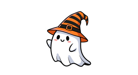 Cute Ghost with Witch Hat Illustration – Adorable Halloween Cartoon Design