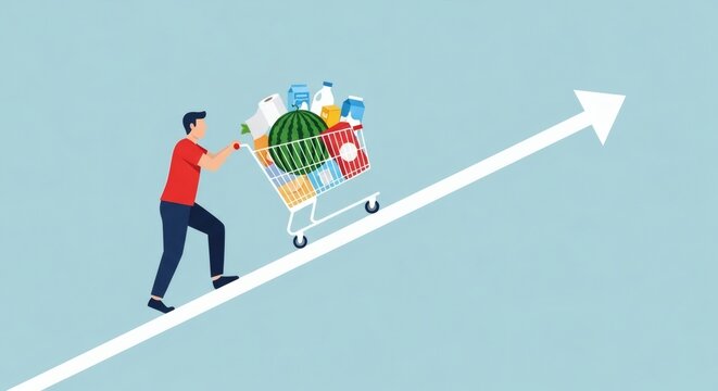Inflation Climb Man pushing full cart up arrow showing rising costs.