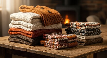 Cozy knitted sweaters stacked neatly on a rustic wooden table with a warm fireplace glow creating a hygge atmosphere perfect for autumn and winter fashion promotions.