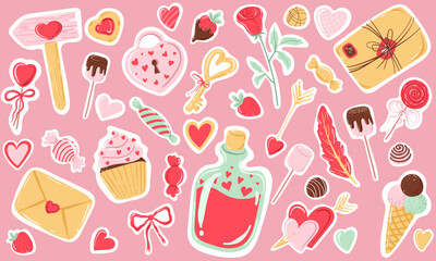 Sweet Love Stickers Collection. Cute Valentine’s Day Clipart Set. Hand Drawn Valentine Elements