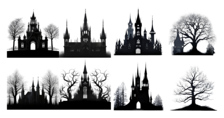 Dark Gothic Architecture and Stylized Trees Silhouettes Collection, Bundle Set Collection, Isolated on Transparent Background