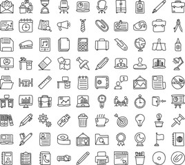 Office Icon Set – Hand Drawn Business and Work Symbols with Desk, Laptop, Document, Coffee, Meeting, Presentation, and Stationery Tools for Productivity, Workplace, and Corporate Design