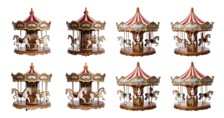 Colorful Carousel with Ornate Horses and Red Striped Canopy, Bundle Set Collection, Isolated on Transparent Background