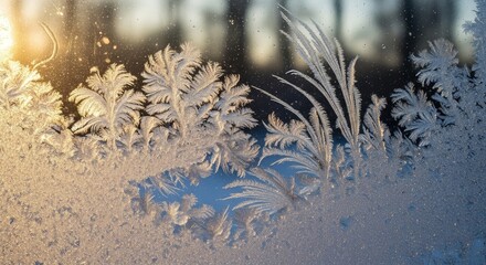 Stunning natural frost patterns beautifully adorn window glass with golden sunrise light creating a magical winter wonderland scene perfect for seasonal campaigns