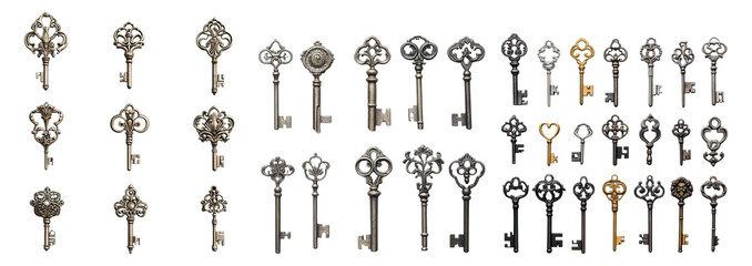 Vintage Decorative Keys Collection for Unique Design Inspiration, PNG bundle collection, Isolated on Transparent Background