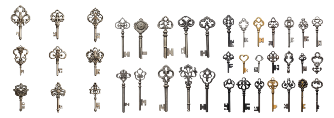 Vintage Decorative Keys Collection for Unique Design Inspiration, PNG bundle collection, Isolated on Transparent Background