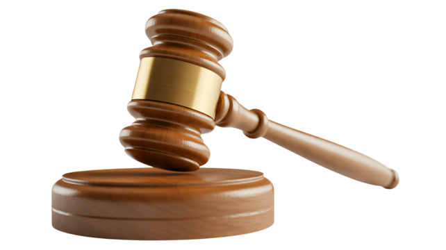 Professional wooden gavel with golden band symbolizing justice and law