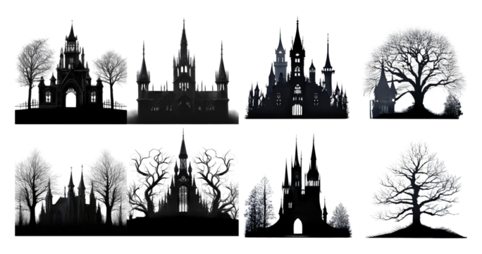 Dark Gothic Architecture and Stylized Trees Silhouettes Collection, Bundle Set Collection, Isolated on Transparent Background