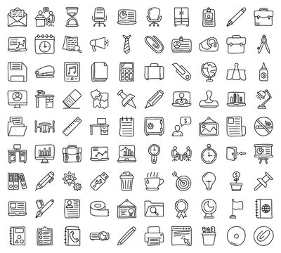 Office Icon Set – Hand Drawn Business and Work Symbols with Desk, Laptop, Document, Coffee, Meeting, Presentation, and Stationery Tools for Productivity, Workplace, and Corporate Design