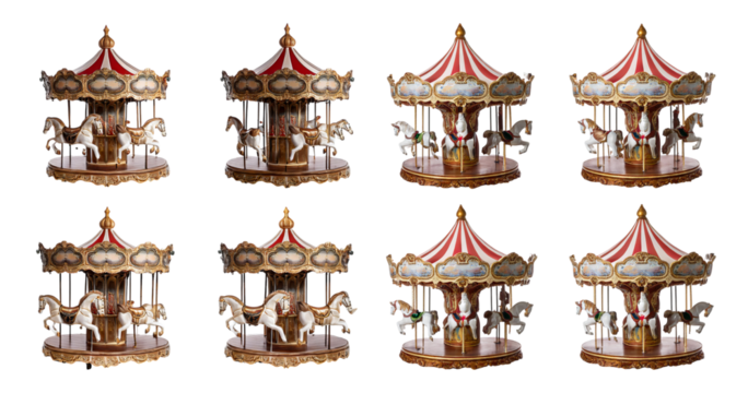 Colorful Carousel with Ornate Horses and Red Striped Canopy, Bundle Set Collection, Isolated on Transparent Background