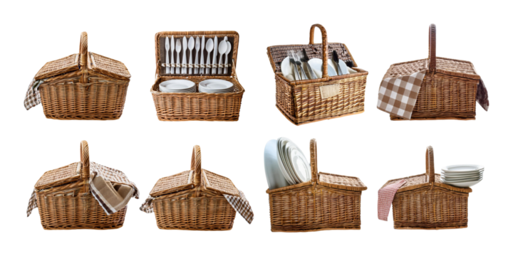 Woven Baskets with Cutlery and Plates for Picnics,PNG set collection, isolated on transparent background