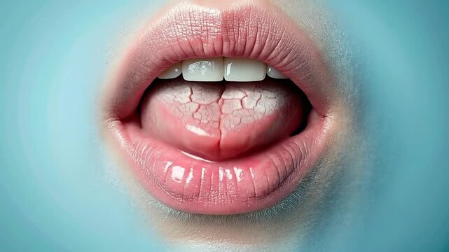Intense close-up of a human tongue showing severe dryness and prominent cracks, a stark visual of dehydration or a medical condition like xerostomia, highlighting oral health