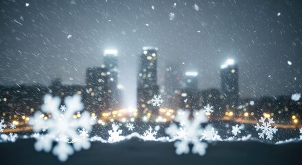 Captivating snowfall blankets a vibrant city skyline at night, with glowing snowflakes creating a magical winter wonderland perfect for holiday promotions and seasonal themes.