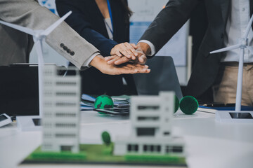 Carbon offset price report CO2 emission. Future growth Net zero waste in ESG ethical SME office protect climate change global warming social issues project. Group of asia people Eco friendly SDGs plan