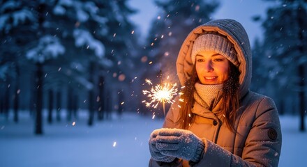 Joyful woman holding a sparkling firework in a snowy winter forest, celebrating the magic of the season with a warm smile and cozy attire, creating unforgettable festive moments.
