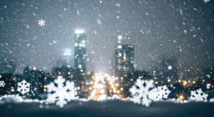 Magical winter wonderland snowfall transforms city skyline into a breathtaking, glowing holiday spectacle with sparkling bokeh lights and festive snowflakes