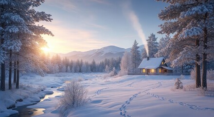 Cozy winter cabin glows with warm light amidst snow-covered pines and mountains under a serene sunrise, inviting peace and tranquility.