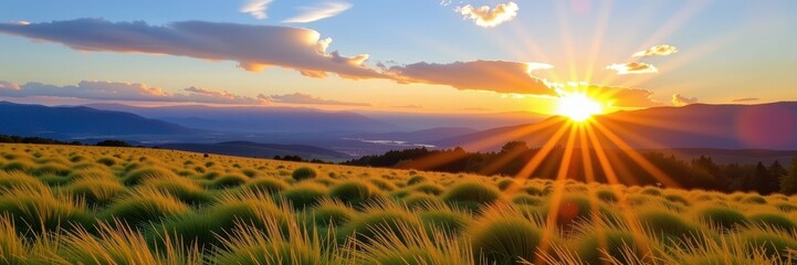Golden hour paints a vast grassy field with distant, majestic mountains under a late afternoon sky, dusk sky, evening light, earth tones