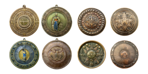 Vintage Medals with Intricate Designs and Historical Themes
