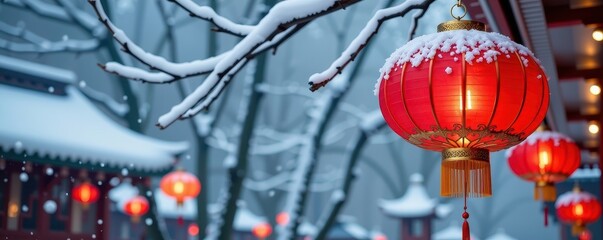 Snow-dusted red Chinese lantern hanging in winter, peaceful, serene, Chinese style
