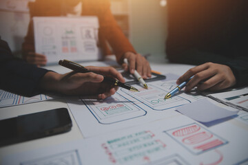 Professional interior designer at workplace in office, closeup