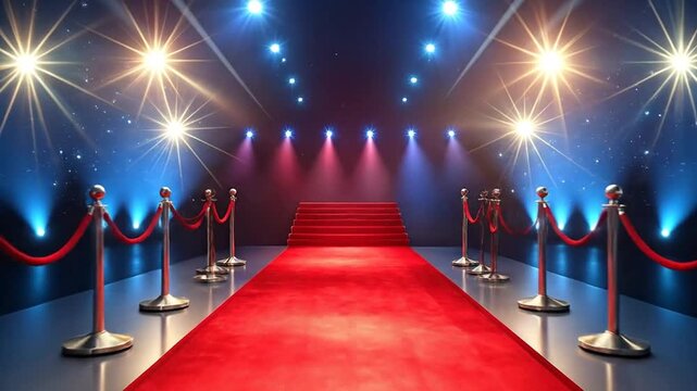 Luxurious red carpet leading to an illuminated stage with spotlights, symbolizing a premiere night, gala, or celebrity awards ceremony