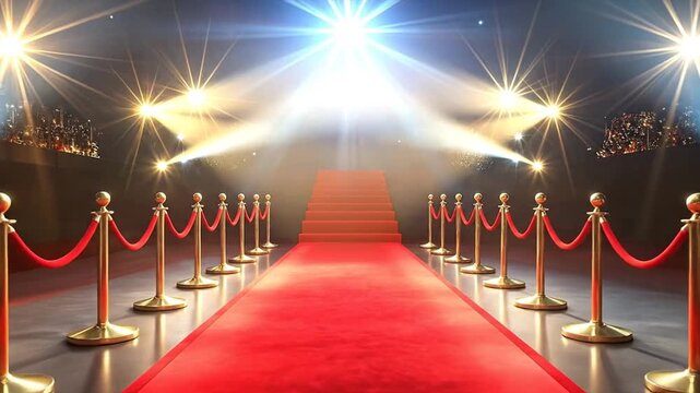A luxurious red carpet lined with golden stanchions leads toward a brilliantly lit stage, symbolizing a path to fame and a glamorous awards night