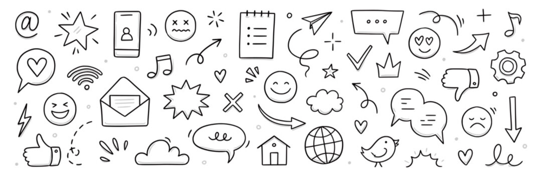Emoji internet sketch icon set. Internet conversation, media outline tech emoji, star, arrow shape. Hand drawn sketch chat emoticon reaction, digital cloud, smile face elements. Vector illustration