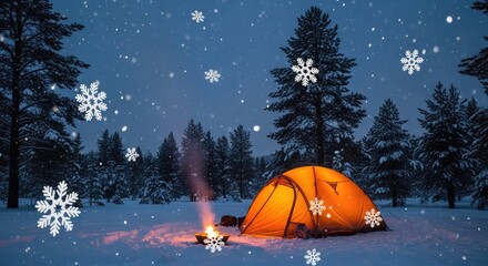 Cozy orange tent glows warmly amidst a serene snowy forest at dusk, with gentle snowfall creating a magical winter wonderland atmosphere for adventure and escape.