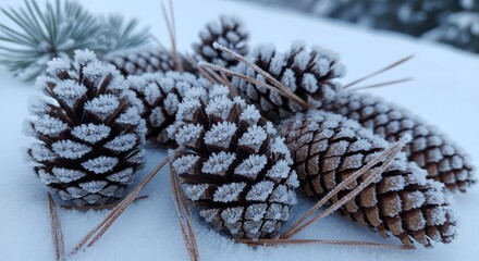 Stunning pine cones dusted with frost create a magical winter wonderland scene, perfect for evoking cozy holiday cheer and the crisp beauty of nature.