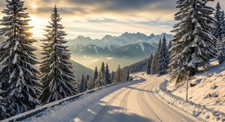 Majestic snow-covered mountain road winds through a sunlit winter forest with dramatic peaks and golden hour light illuminating the pristine landscape