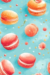 seamless watercolor pattern on aqua, replace floral corners with scattered macarons and confetti sprinkles, sweet bakery theme, soft shadows, balanced repeat for wrapping paper