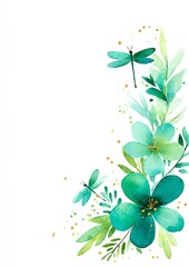 elegant watercolor floral edges, replace butterflies with delicate dragonflies and damselflies, translucent wings, tiny gold ink flicks, invitation-ready negative space