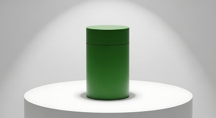 Fototapeta premium Minimalist Green Cylinder on White Pedestal Under Spotlight, Studio Lighting.