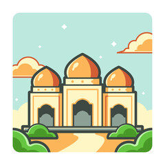 Cute Cartoon Illustration of a Mosque with 3 Golden Domes