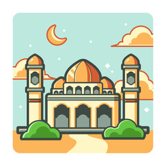 Cartoon Illustration of a Mosque with 2 Twin Towers