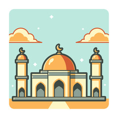 Cartoon Illustration of a Large Golden Dome Mosque