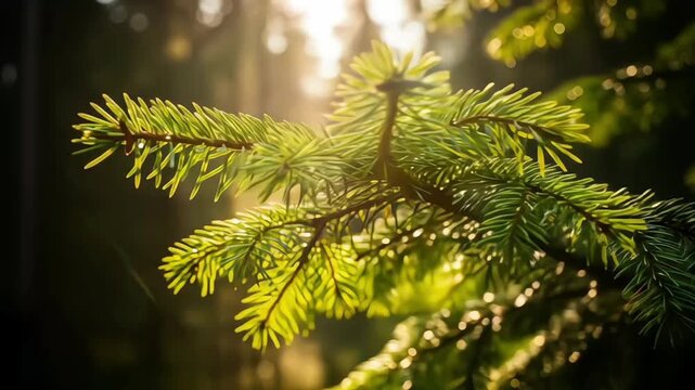 Close-up of vibrant green pine branches basking in soft sunlight.