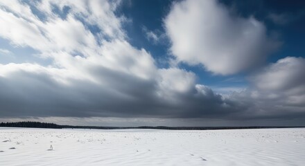 Vast winter landscape unfolds under dramatic clouds, a serene expanse of snow-covered fields stretching towards a distant, dark forest, evoking a sense of peaceful solitude and natural beauty.