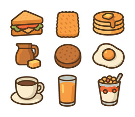 Breakfast icons: sandwich, cookie, pancakes, syrup, egg, coffee, juice, cereal