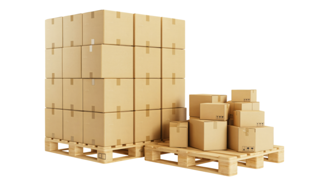 Ready for shipment stacked cardboard boxes on wooden pallets