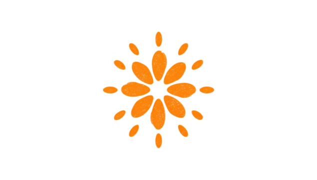 Abstract orange starburst design with radiating petals on a clean white background, symbolizing energy and positivity