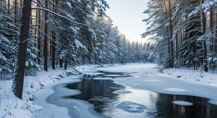 Serene winter forest scene with a winding river partially frozen under a soft, glowing sky, evoking tranquility and natural beauty.