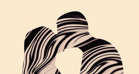 Two human silhouettes are kissing. Organic random black, beige, ivory wavy striped pattern. Light romantic nostalgic retro vintage sepia faded old illustration. Family. Delicate atmosphere of love.